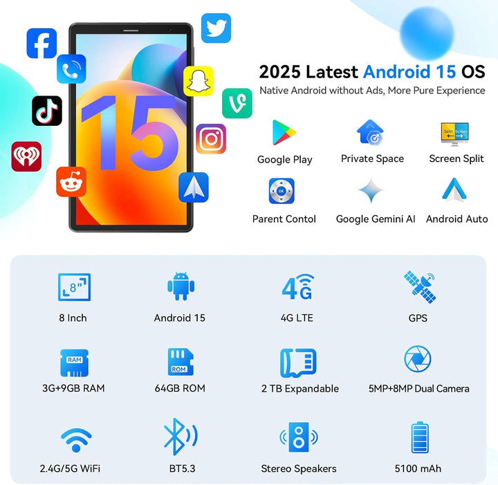 Topsand Tablet Android 15 de 8 pulgadas con ranura para tarjeta SIM...