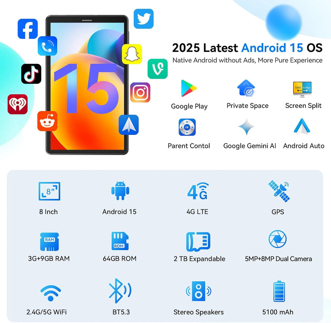Topsand Tablet Android 15 de 8 pulgadas con ranura para tarjeta SIM...
