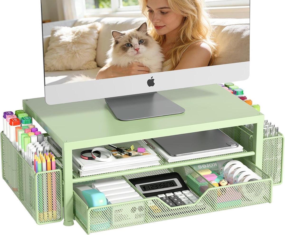 Organizadores y accesorios de escritorio, soporte para monitor de computadora con cajón y 2 soportes para bolígrafos, soporte para impresora y portátil, accesorios de escritorio de oficina y organizadores de espacio de trabajo para suministros de oficina