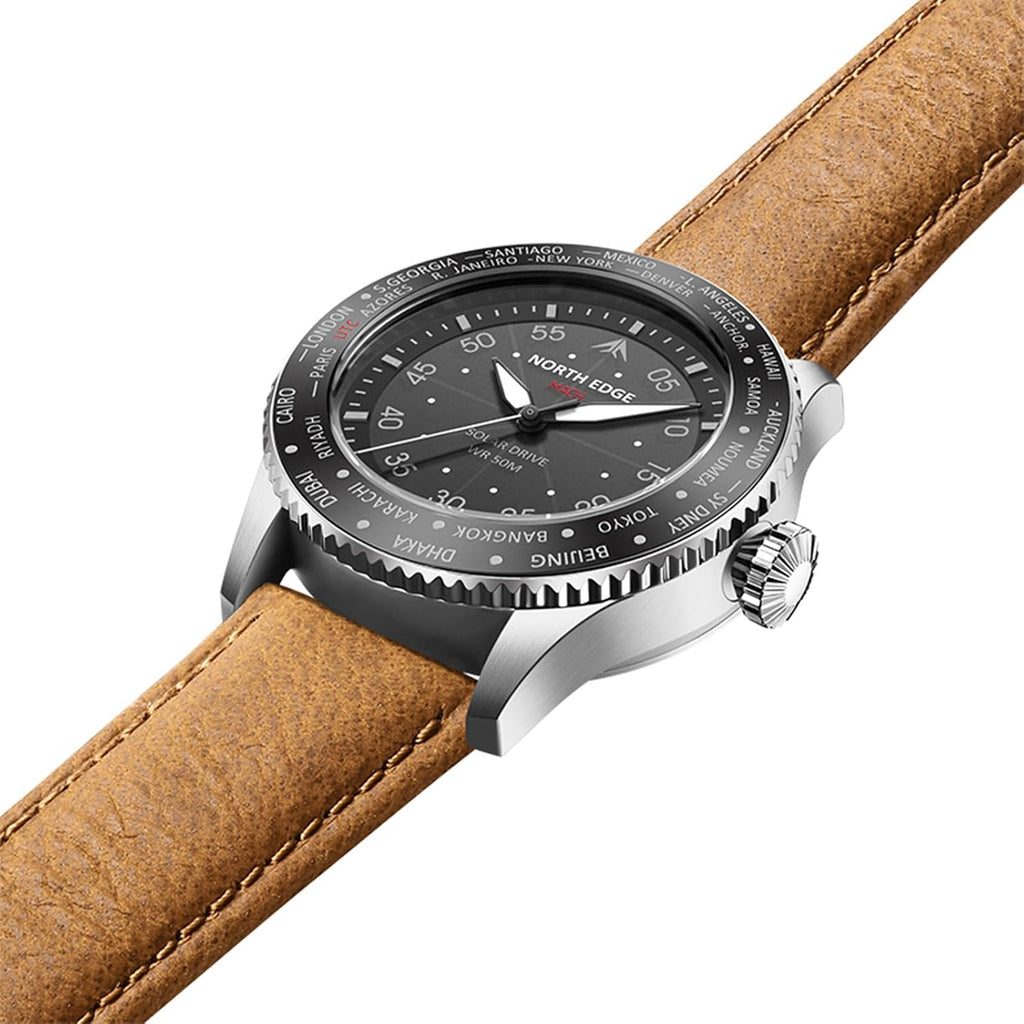 Reloj Solar Pilot para Hombre NORTH EDGE - Movimiento de Cuarzo, Cristal Mineral, Correa de Cuero Ligera y Duradera, Modelo: MACH