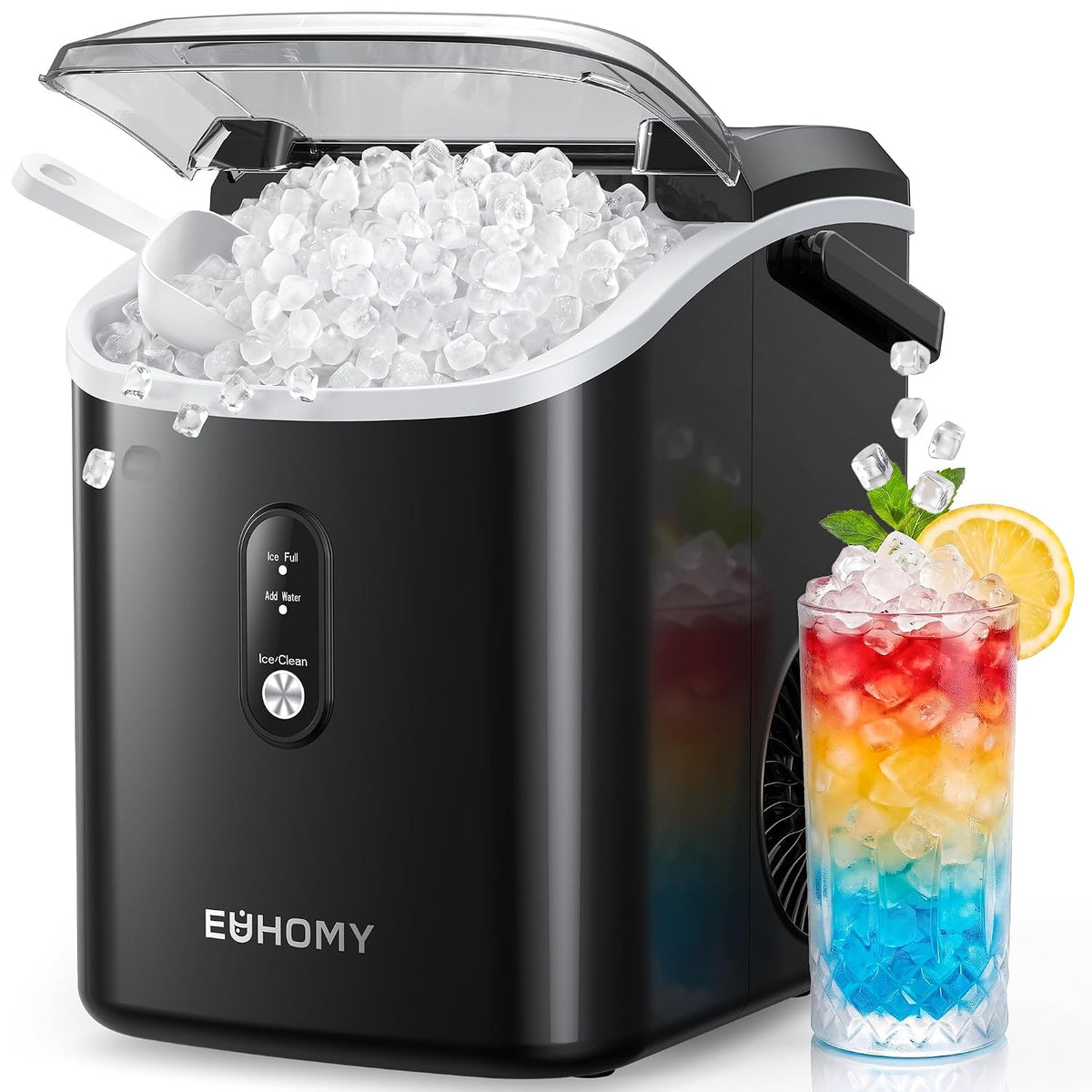 EUHOMY Nugget - Máquina de hielo para encimera con asa, lista en 6 minutos, 34 libras por día, cubierta superior extraíble, limpieza automática, máquina de hielo sónico portátil con cesta y cuchara