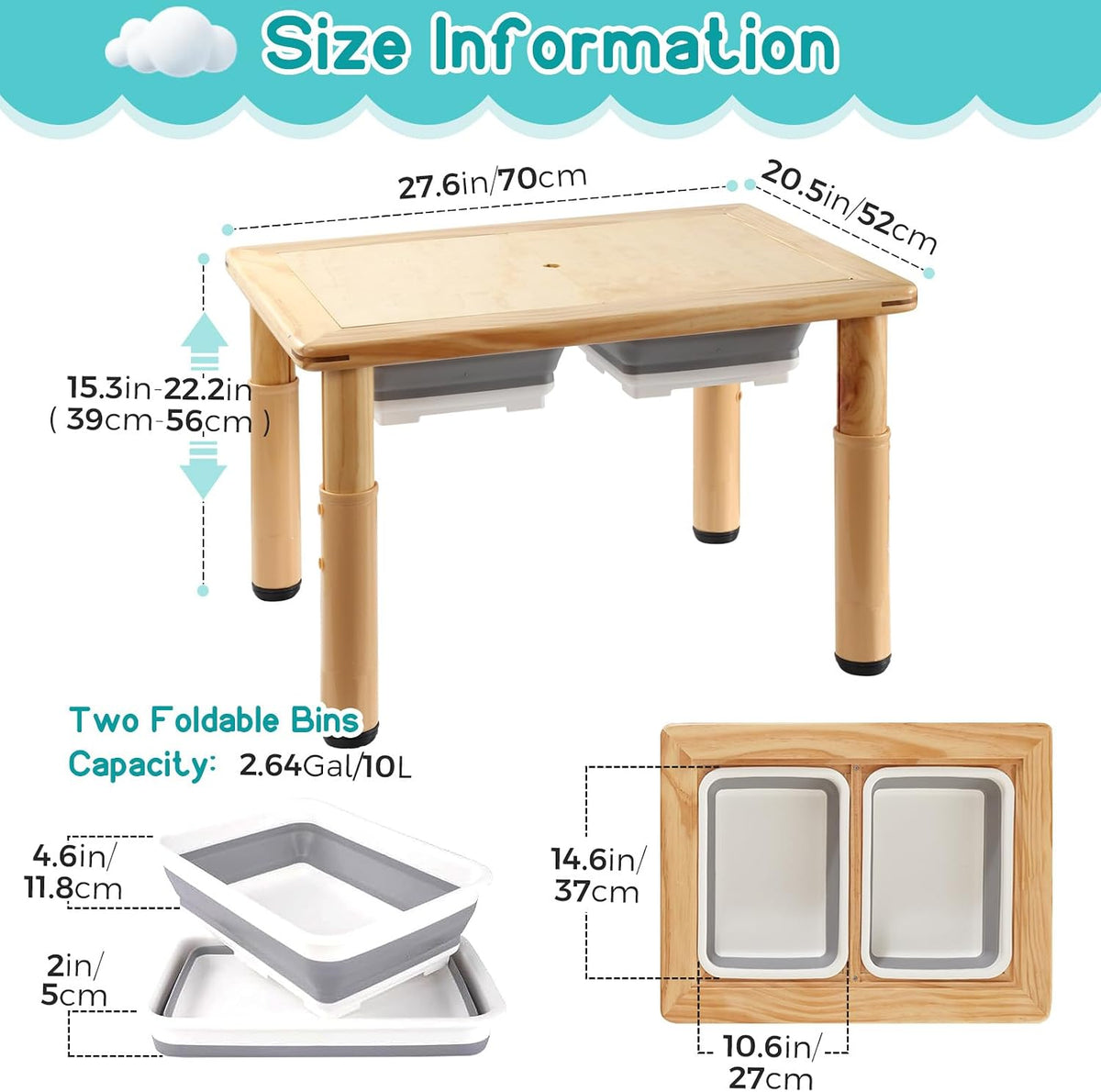 FUNLIO Mesa sensorial de madera para niños pequeños de 1 a 5 años, mesa de actividades para niños de 4 niveles de altura ajustable con tapa de madera contrachapada antideformación, mesa de arena y agua para interiores y exteriores, certificado CPC