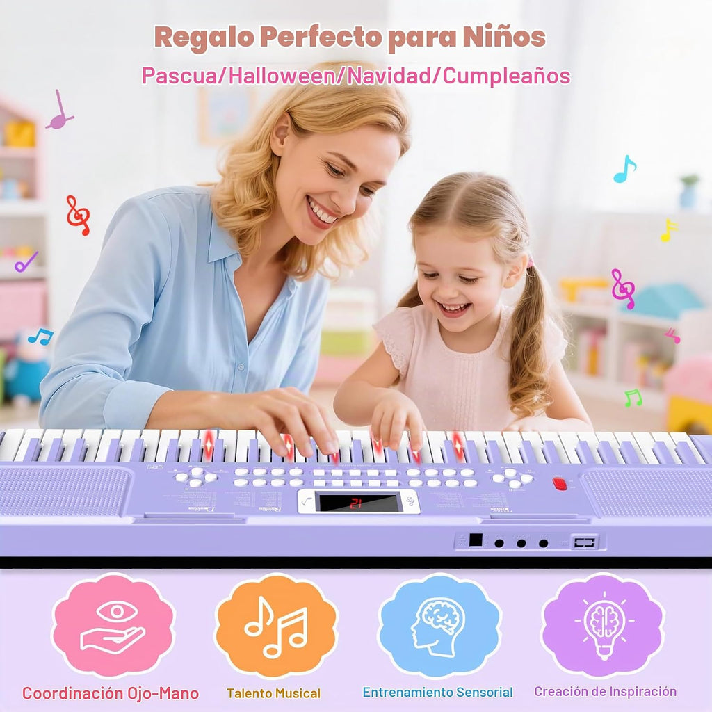 Teclado de piano para niños de 61 teclas con teclas iluminadas, modo de enseñanza, altavoz dual