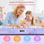Teclado de piano para niños de 61 teclas con teclas iluminadas, modo de enseñanza, altavoz dual