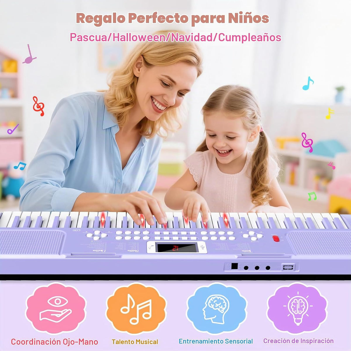 Teclado de piano para niños de 61 teclas con teclas iluminadas, modo de enseñanza, altavoz dual