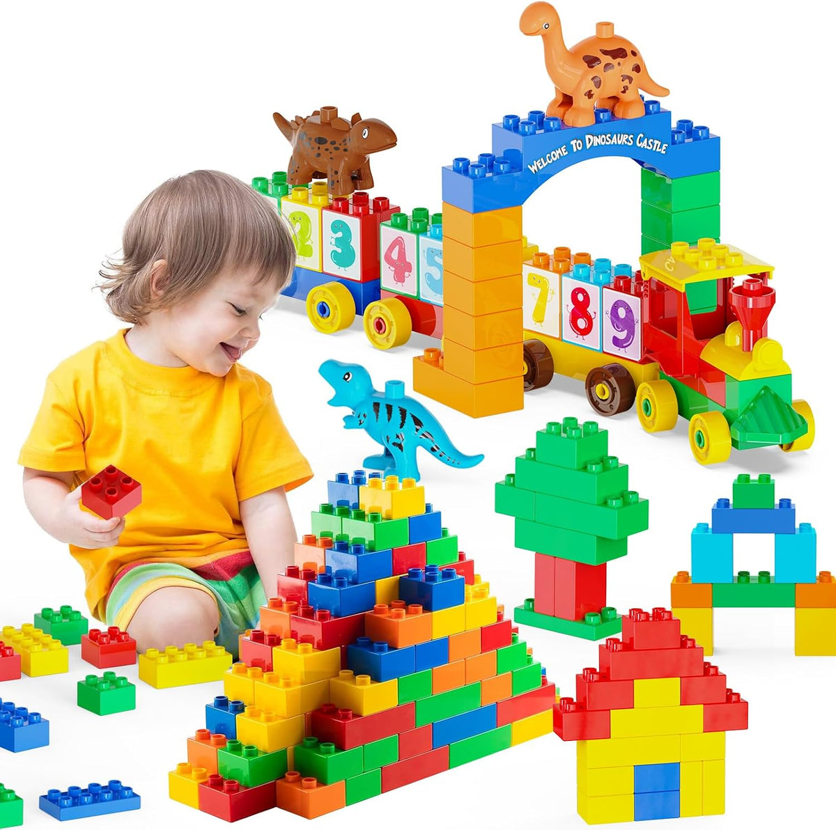 Bloques de construcción para niños pequeños de 3 a 5 años, incluyendo autos de dinosaurios, juego de ladrillos de construcción clásicos grandes de 116 piezas, juguetes educativos para niños y niñas de todas las edades, compatible con todas las principales