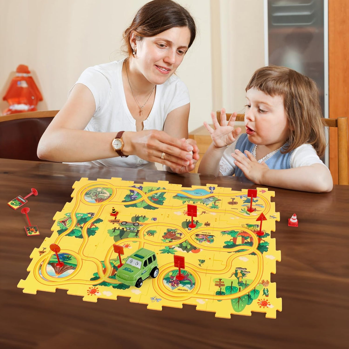 Set de Juego con Rompecabezas de Dinosaurio de Plástico y Pista de Coches para Niños de 3, 4 y 5 Años