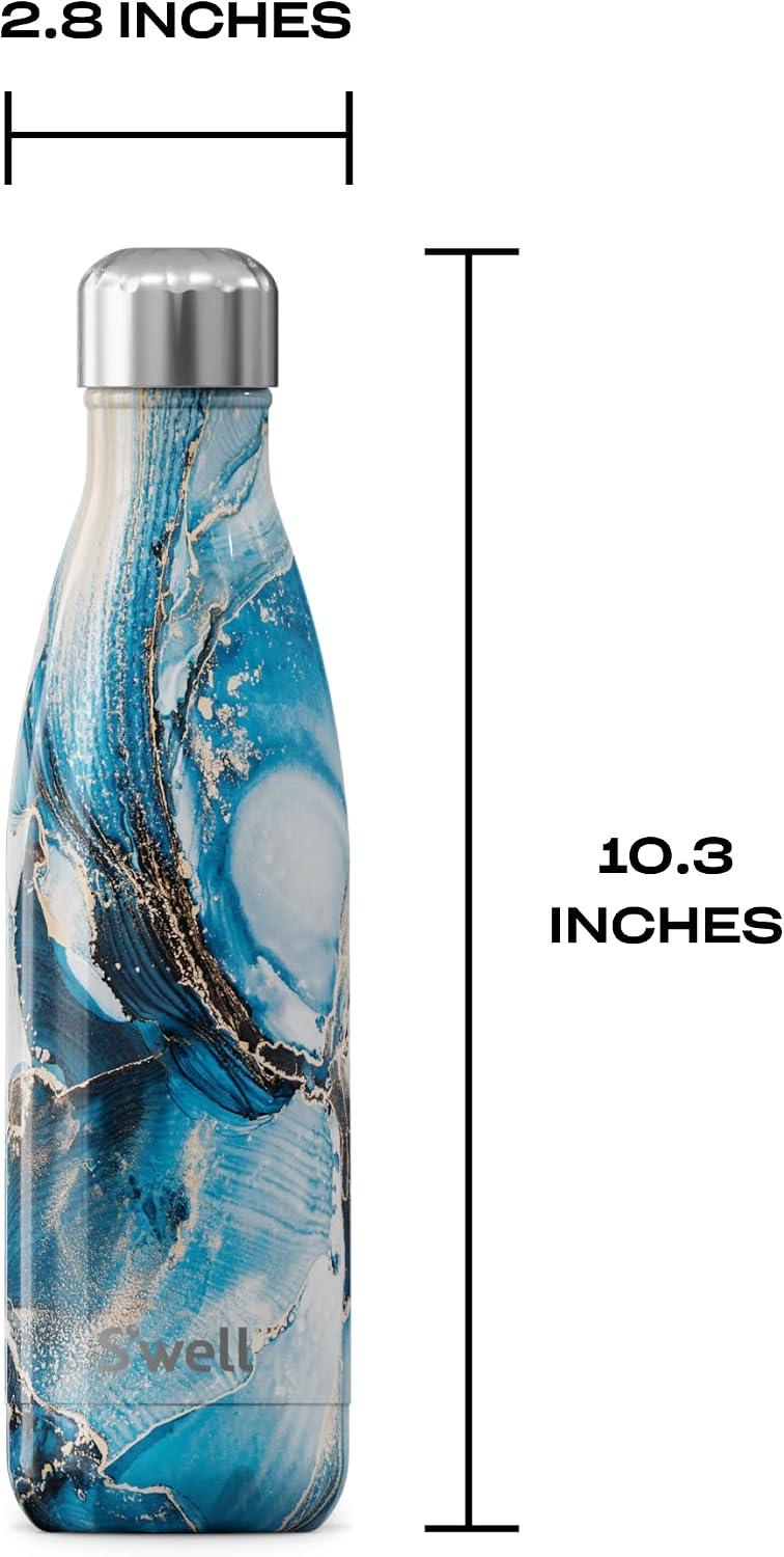 S'well Botella de agua de acero inoxidable, 17 onzas, mármol oceánico, recipientes aislados al vacío de triple capa que mantiene las bebidas frías durante 36 horas y calientes durante 18, sin BPA
