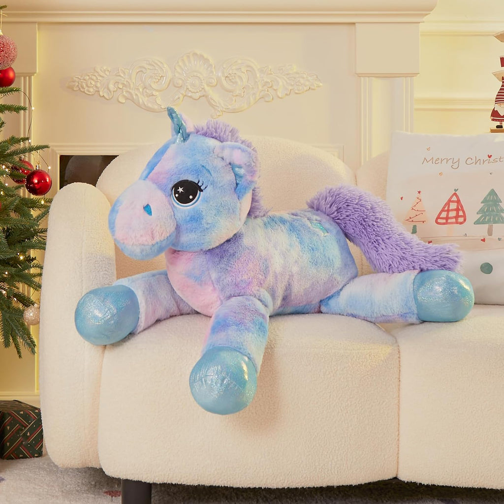 Muiteiur Animal de peluche de unicornio de 31.6 pulgadas, unicornio de peluche grande para niñas, almohada de felpa suave, regalos para niñas y niños, azul