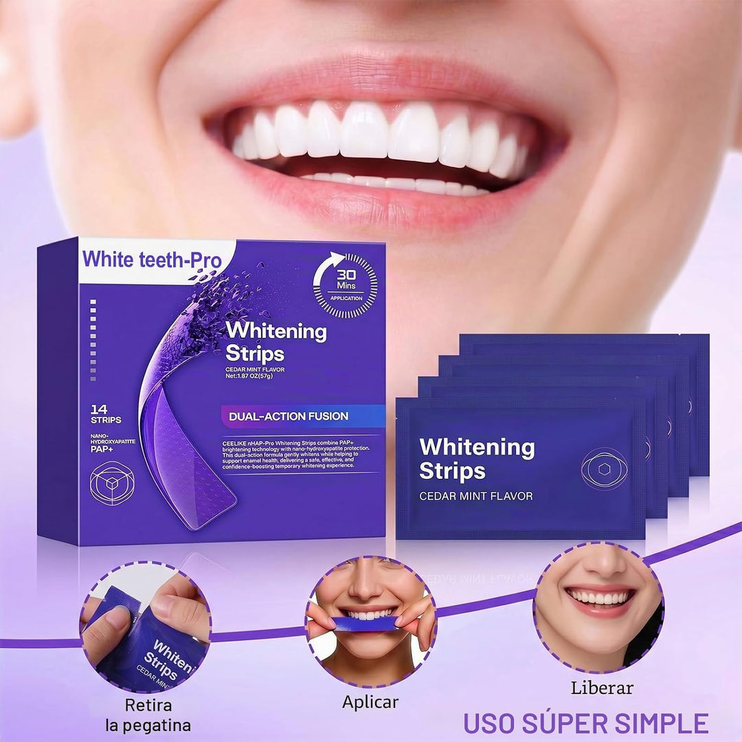 Tiras blanqueadoras de dientes moradas avanzadas, tratamiento de co...