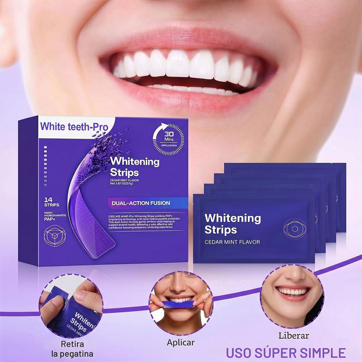 Tiras blanqueadoras de dientes moradas avanzadas, tratamiento de co...