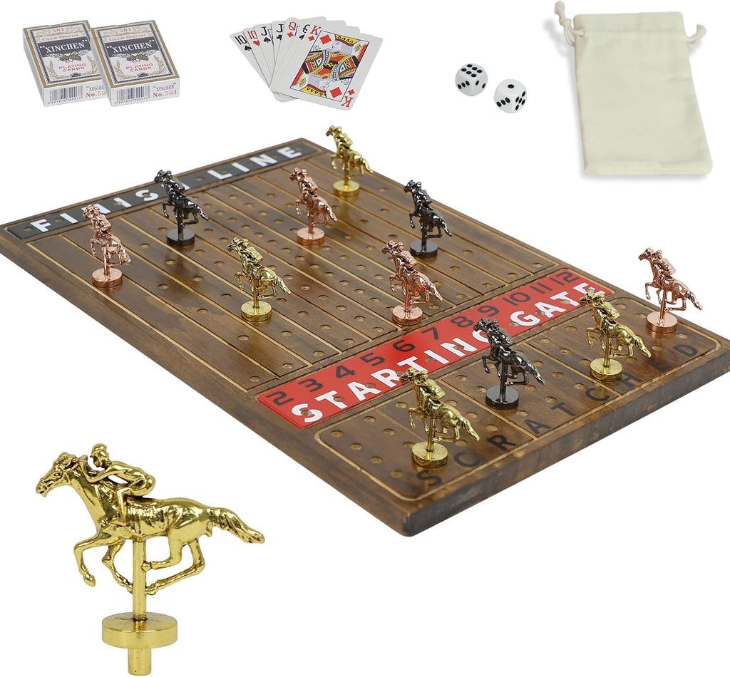 HOROW Juego de carreras de caballos – Juego de mesa de carreras de caballos de madera con 11 caballos de metal de lujo, 2 dados y 2 tarjetas, para Kentucky Derby y fiesta, regalo perfecto de cumpleaños y vacaciones