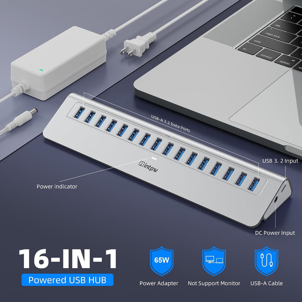 intpw, YH16A, hub USB 3.2 de 16 puertos, alimentado