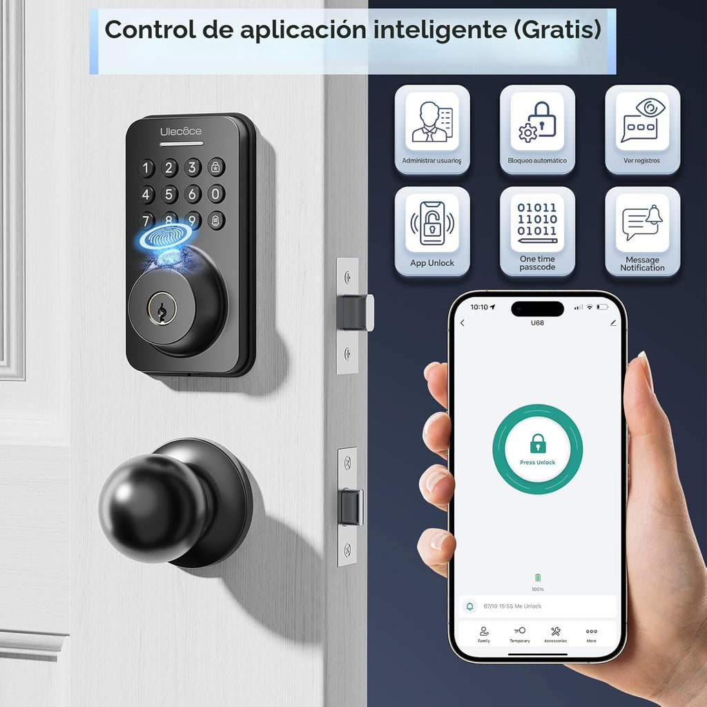 Ulecoce Cerradura de cerrojo con teclado de huellas dactilares con mango, Negro