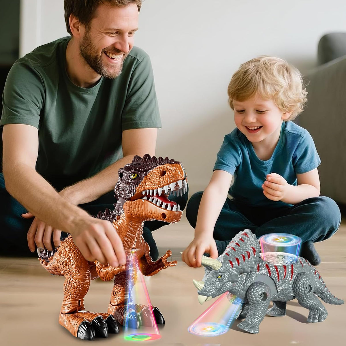 Paquete de 3 dinosaurios que caminan para niños de 3 a 5 a 7 años de edad, tiranosaurio simulado braquiosaurio triceratops con sonido y luz, regalos de cumpleaños