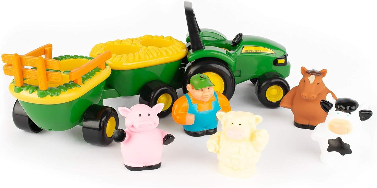 TOMY John Deere Animal Sounds Hayride Juguete Musical de Tractor - Juguetes Musicales de Paseo en Carro de Heno para Niños Pequeños - Incluye Figura de Granjero, Tractor y 4 Animales de Granja