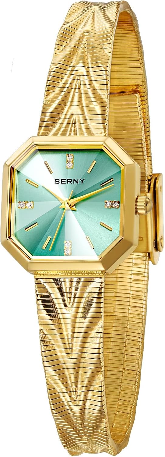 BERNY Relojes de oro vintage para mujer, reloj de pulsera octogonal delicado para mujer, relojes analógicos de cuarzo para muñecas pequeñas, impermeable, esfera de rayos solares de acero inoxidable