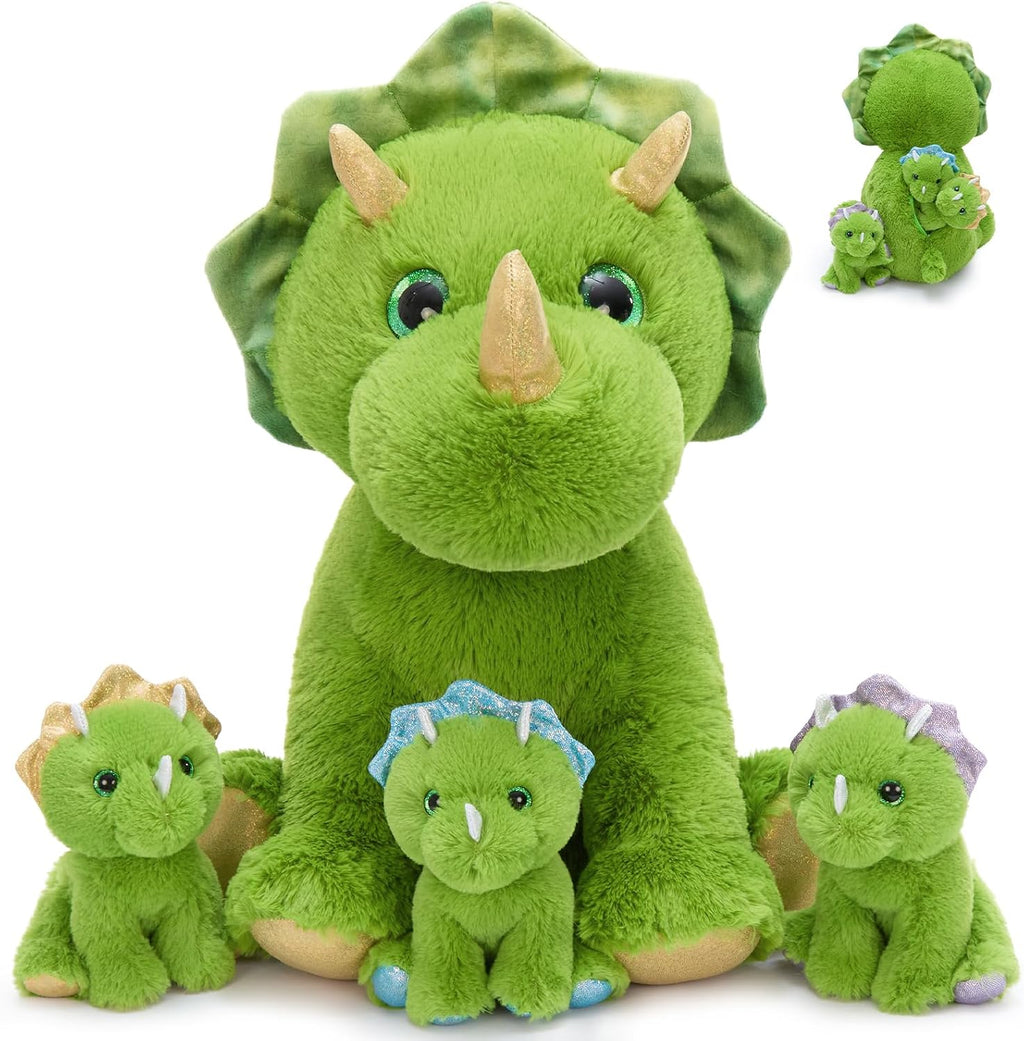 MaoGoLan Triceratops - Animal de peluche verde con 3 bebés, dinosaurio de