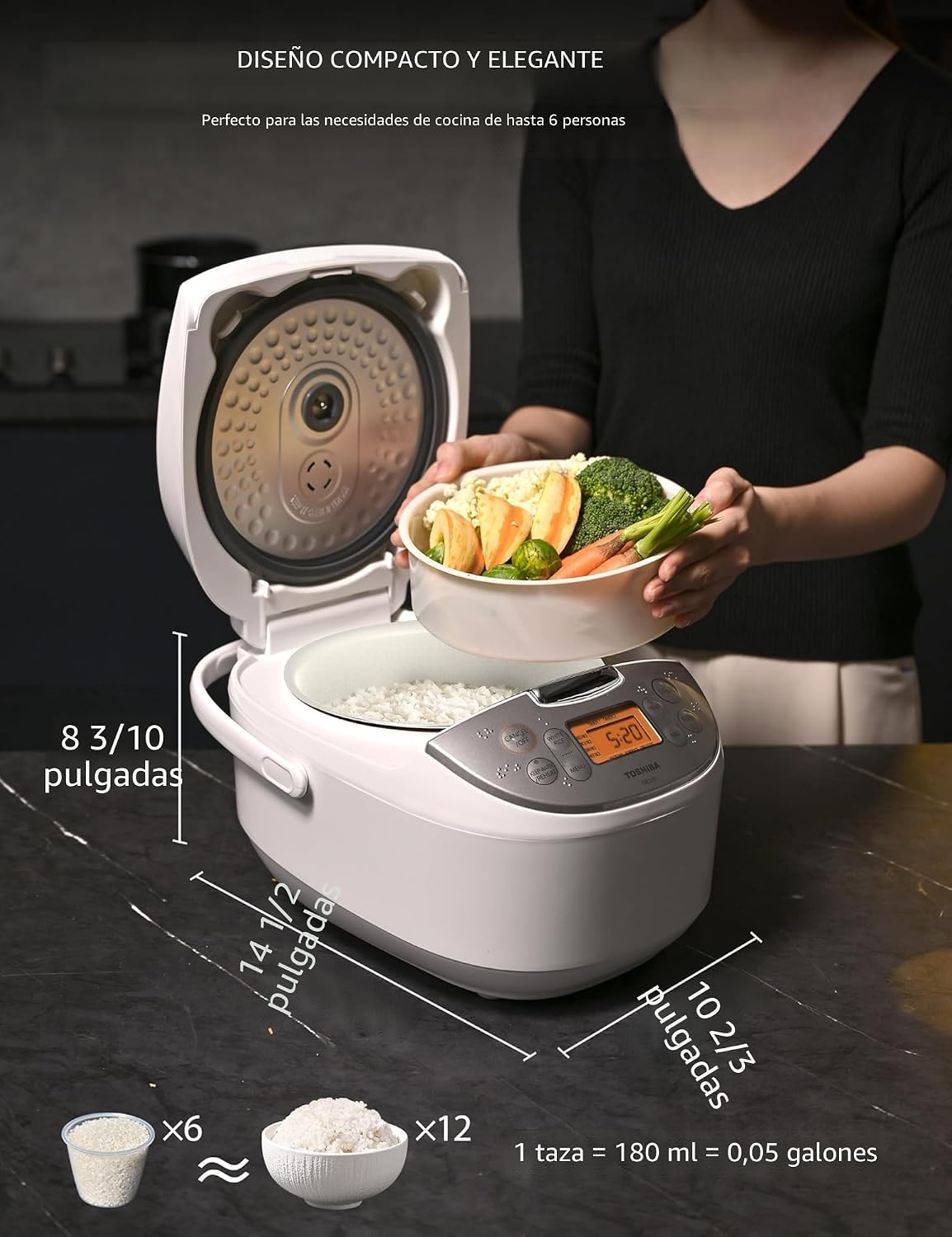 Toshiba Arrocera de 6 tazas sin cocer – Olla de arroz japonesa con tecnología Fuzzy Logic, 7 funciones de cocción, pantalla digital, 2 temporizadores de retardo y mantenimiento automático del calor