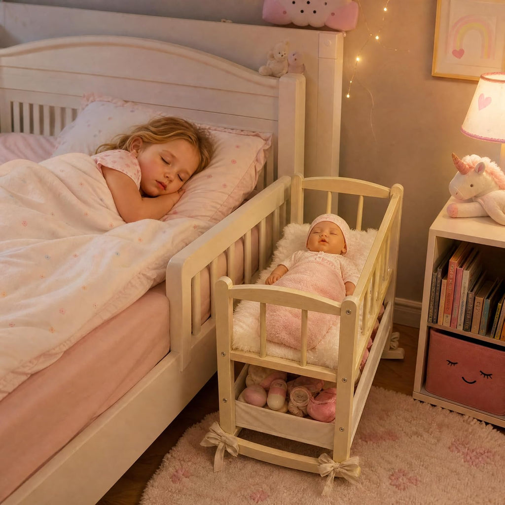 Cuna de madera 2 en 1 para muñeca con cesta de almacenamiento, se
