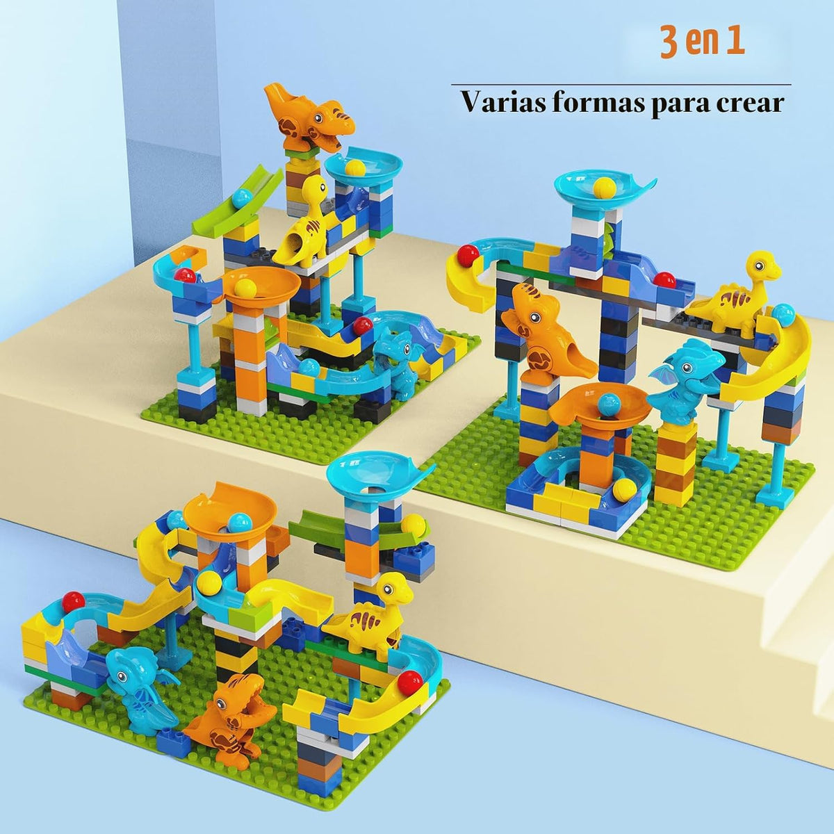 Bloques de Construcción Carrera de Mármol, Pista de Mármol con Dinosaurios, Ladrillos Grandes Clásicos para Niños de 3, 4, 5, 6, 7 + Años, Compatibles con Todas las Marcas Principales