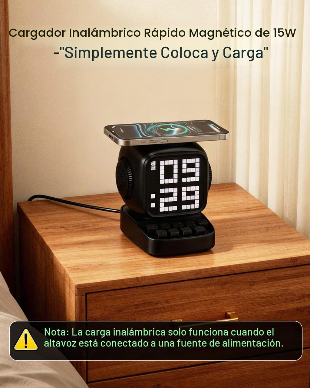 Altavoz Bluetooth 5 en 1 de robot retro: cargador inalámbrico de 15 W, pantalla LED de píxeles, sonido estéreo de 10 W y 15 ruido blanco, reloj despertador, lindo altavoz inalámbrico portátil para