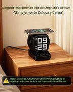 Altavoz Bluetooth 5 en 1 de robot retro: cargador inalámbrico de 15 W, pantalla LED de píxeles, sonido estéreo de 10 W y 15 ruido blanco, reloj despertador, lindo altavoz inalámbrico portátil para