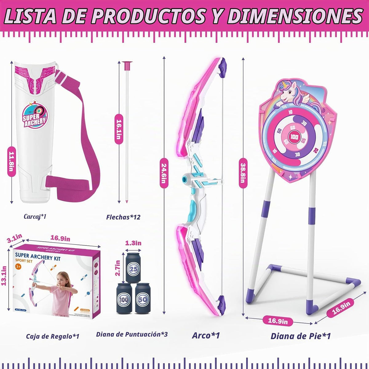 Bow y Arrow para Kids, LED Light Up Archery Set con Unicorn Target