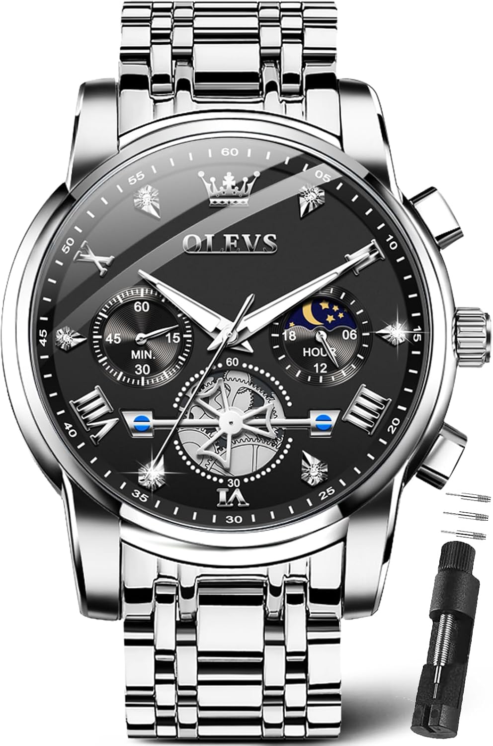 OLEVS Relojes para hombres Luxurious vestimenta acero inoxidable resistente al agua cronógrafo