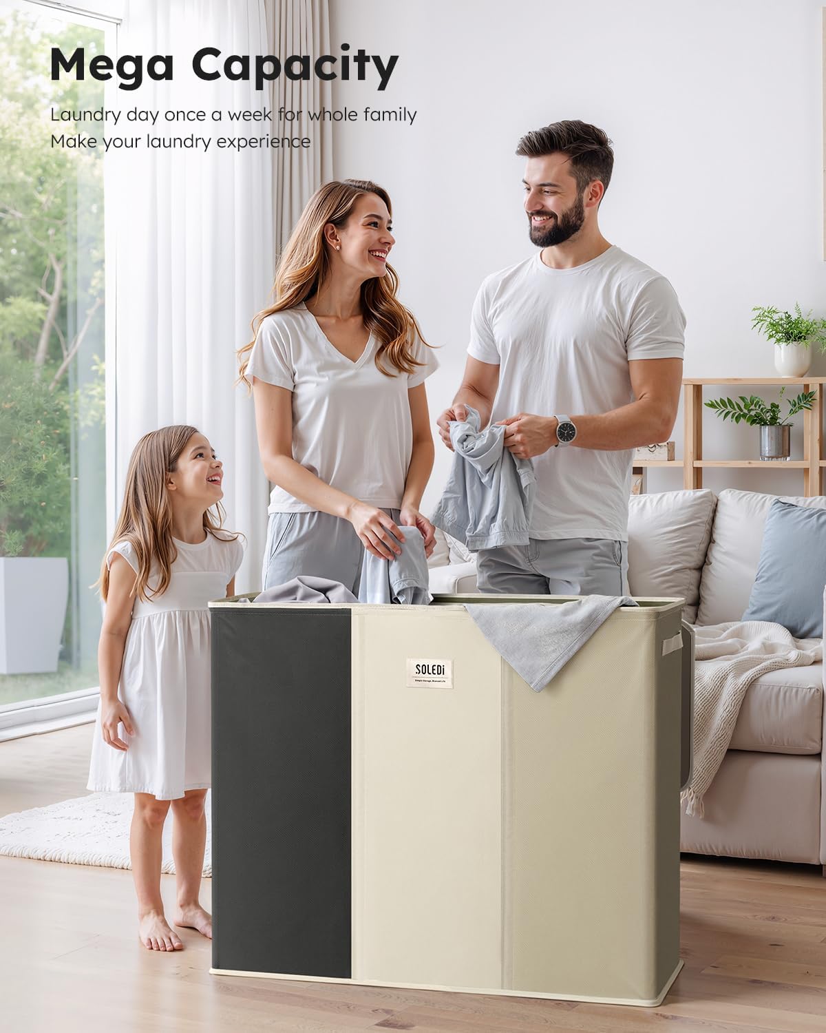 SOLEDI Cesta de lavandería de 3 secciones de 180L con tapa, cesta de ropa sucia extragrande con asas resistentes para lavandería y dormitorio, organizador duradero para clasificar la ropa sucia