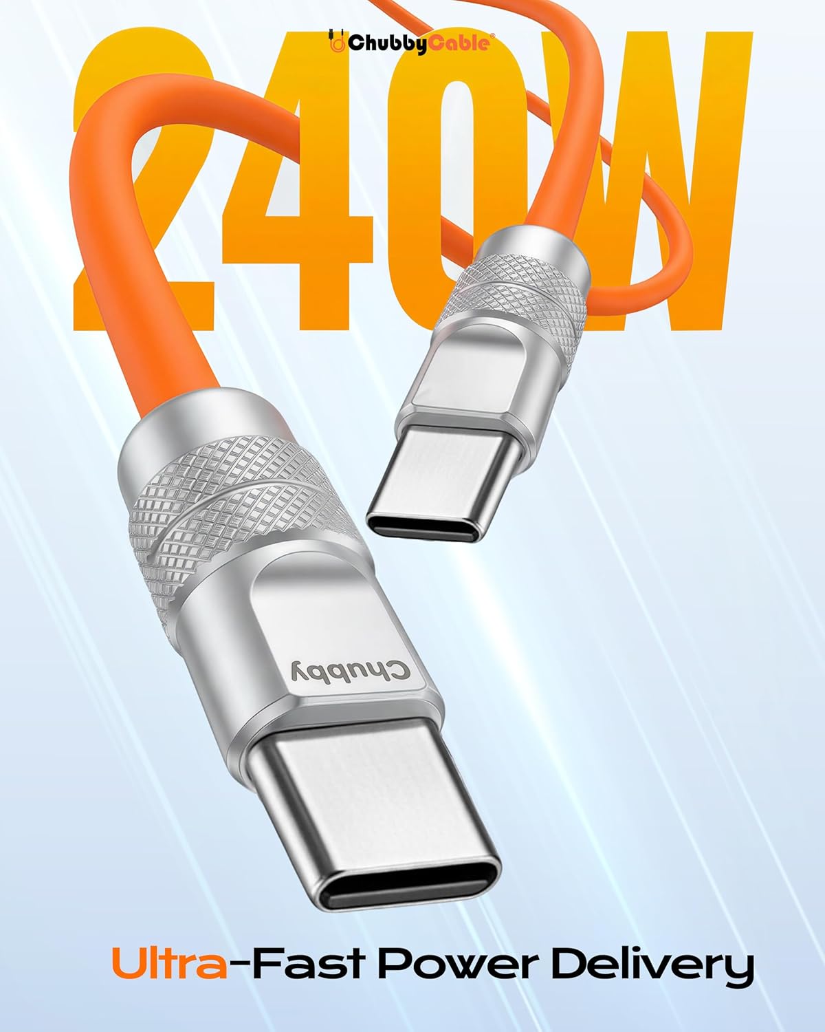 chubbycable USB C a C 240W Cable de Carga Rápida de Silicona, Naranja, 6.6FT