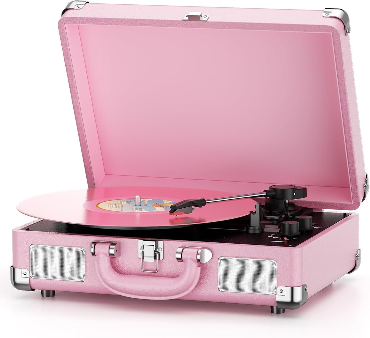 Reproductor de Discos de Vinilo 3-Velocidades Bluetooth Maleta Portátil con Correa Integrada, Reproductor de Discos con Bocinas Integradas, Salida de Línea RCA, Entrada AUX, Conector para Auriculares