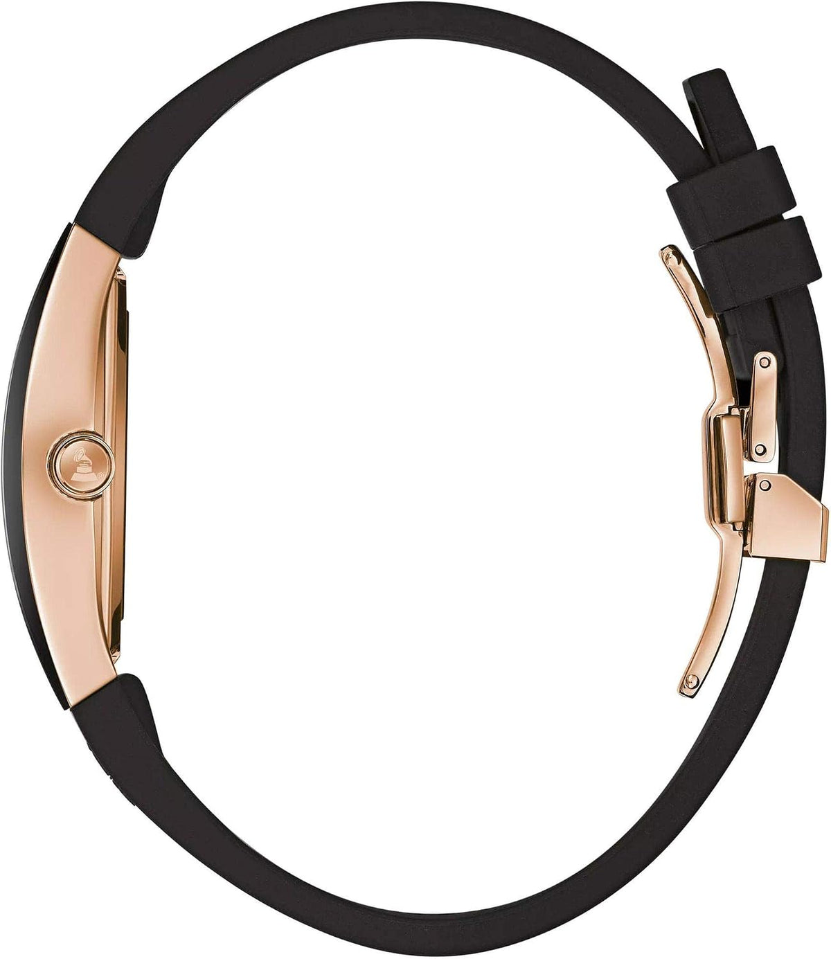 Bulova Latin Grammy Gemini - Reloj de cuarzo para hombre, oro rosa, acero inoxidable, acento con cristal mineral curvo y correa de silicona negra