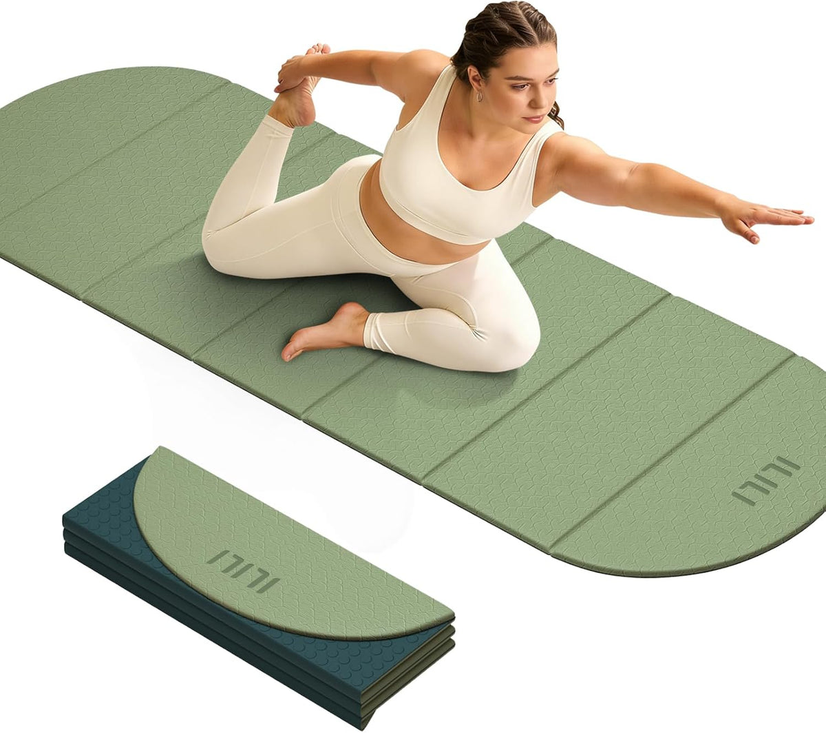 ILILI Tapete de yoga plegable semicircular, 0.394 in de grosor, material TPE, extra largo 75 pulgadas de largo x 26 pulgadas de ancho, suave y cómodo tapete ovalado plegable de 0.4 pulgadas, fácil de
