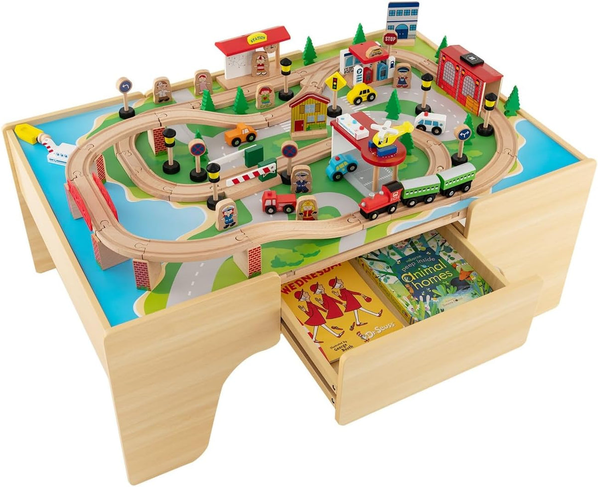 INFANS - Mesa de tren, juego de 84 piezas con cajón de almacenamiento