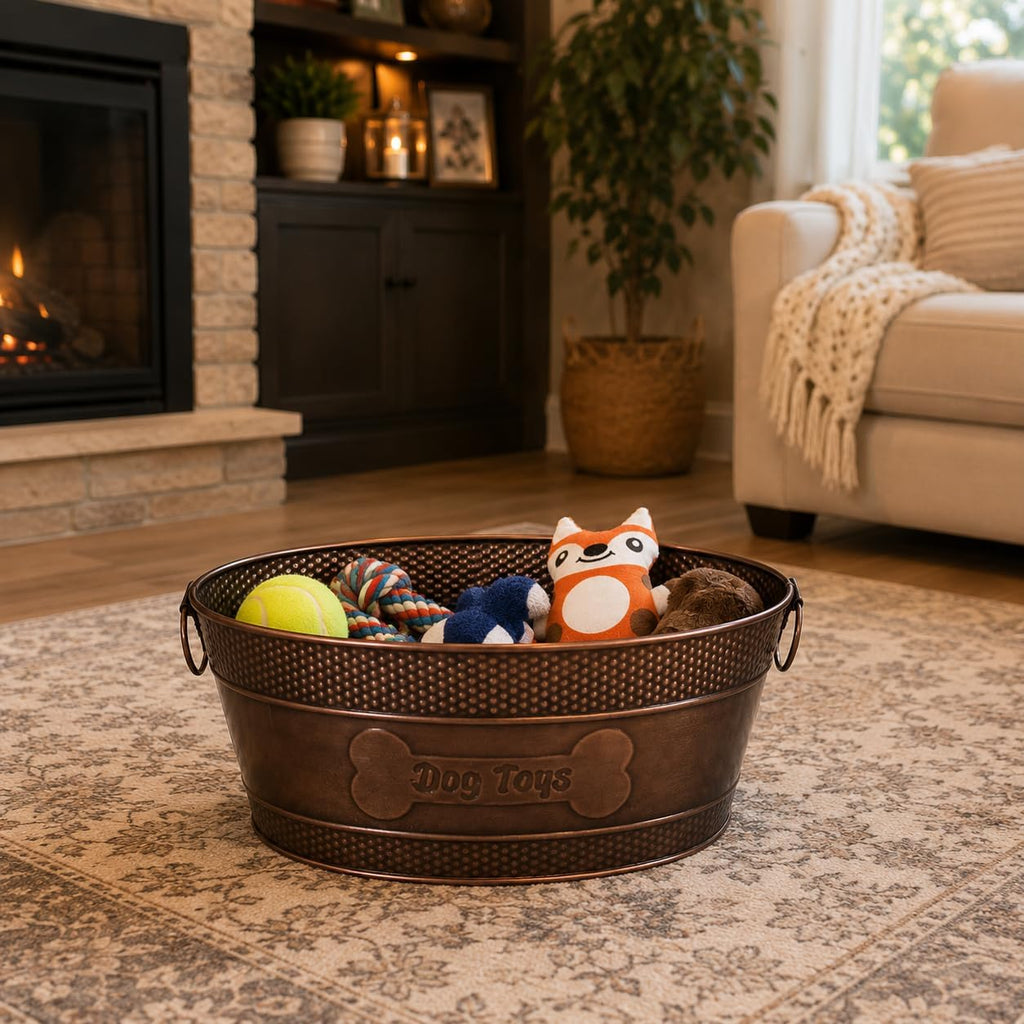 BREKX Contenedor para Juguetes y Alimentos de Mascotas en Metal Cobre con Asas, Indestructible