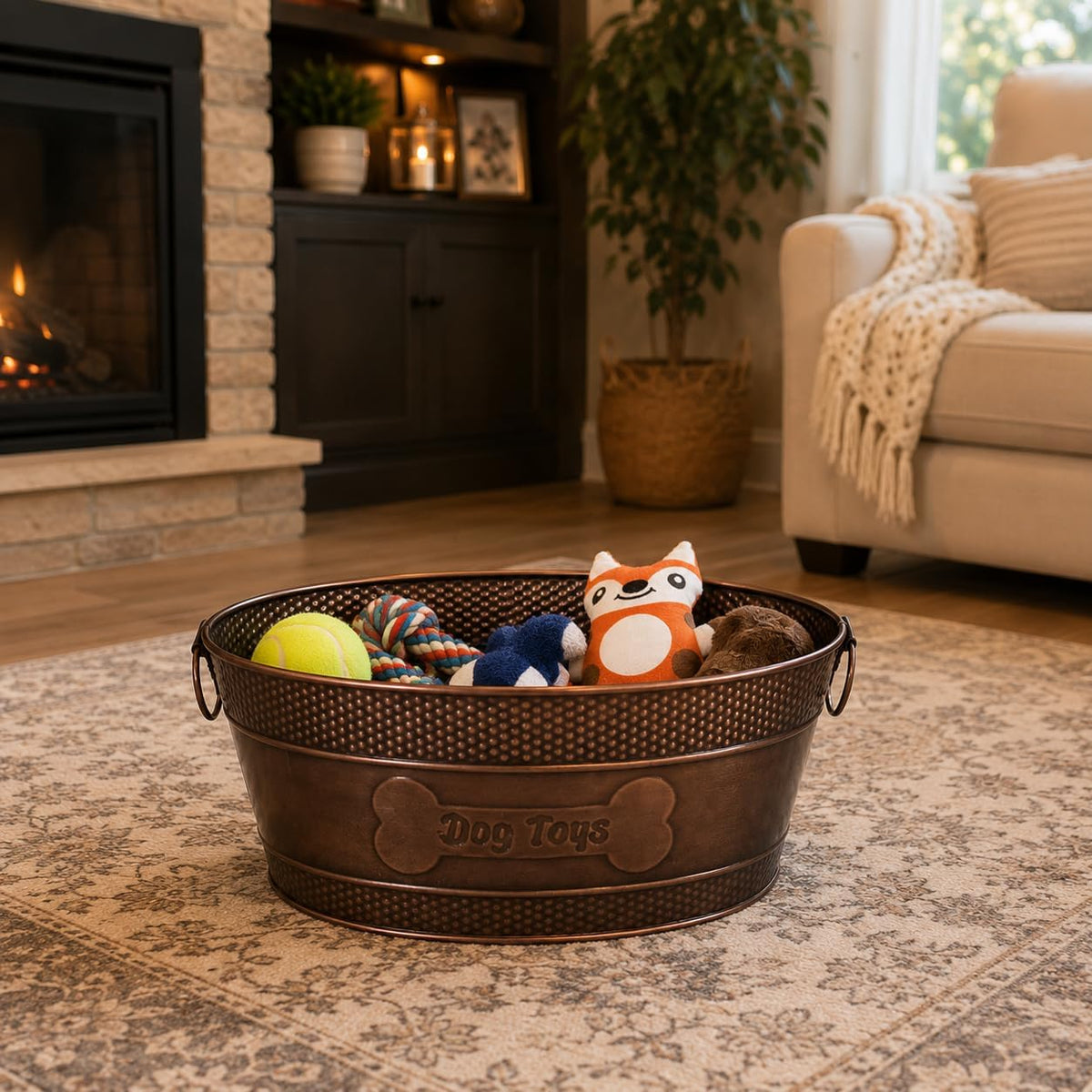BREKX Contenedor para Juguetes y Alimentos de Mascotas en Metal Cobre con Asas, Indestructible