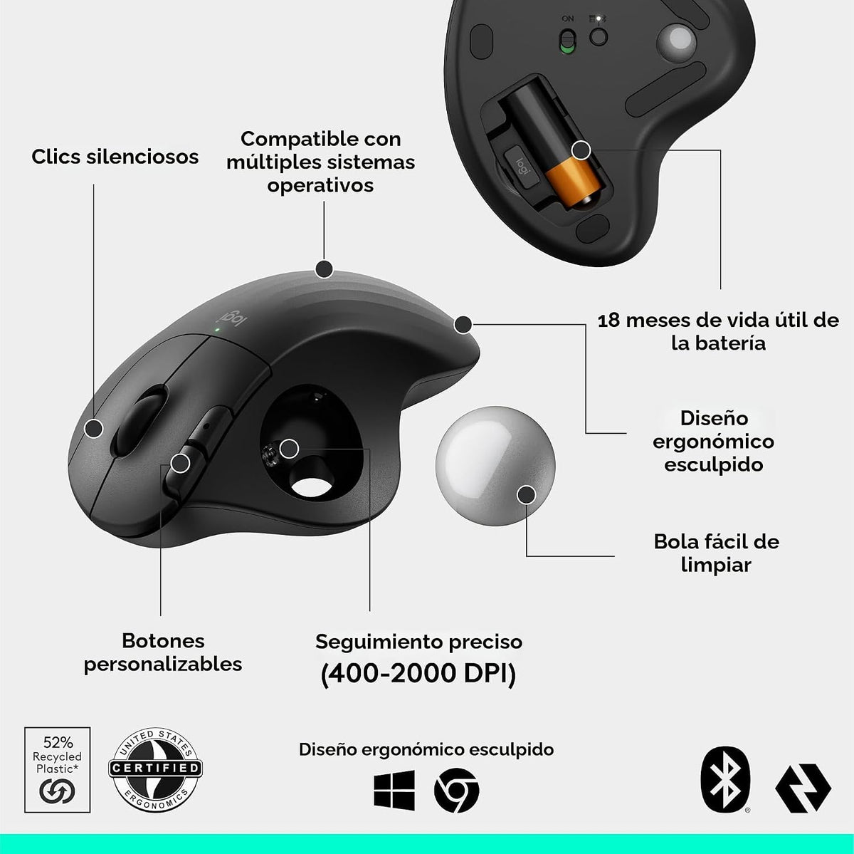 Logitech Ergo M575S Ratón inalámbrico de Trackball, mouse ergonómic...