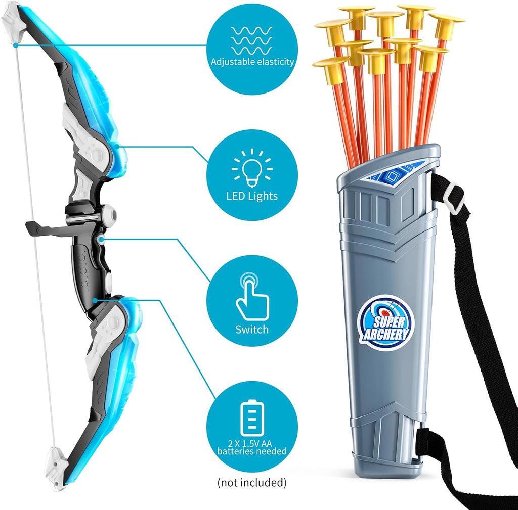 TEMI Juego de arco y flecha para niños, juego de juguetes de tiro con arco, luz LED con flechas de ventosa, objetivo y carcaj, juguetes de interior y exterior para niños y niñas