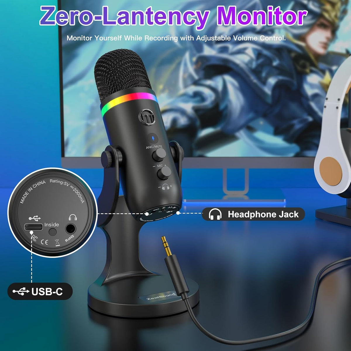ZealSound Micrófono de podcast para PC, micrófono USB con cancelaci...