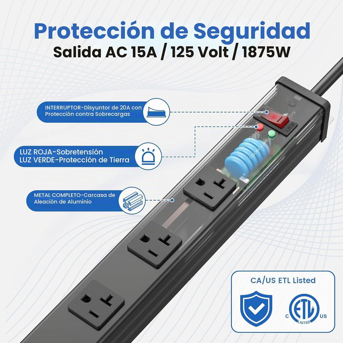 Regleta de alimentación larga de 16 tomas, protección contra sobretensiones 4800J, amplio espaciado, calibre 12, protector de sobretensiones industrial con interruptor de 20 amperios, cable de extensión de alto amplificador 6-20R, ranura en T, 6 pies