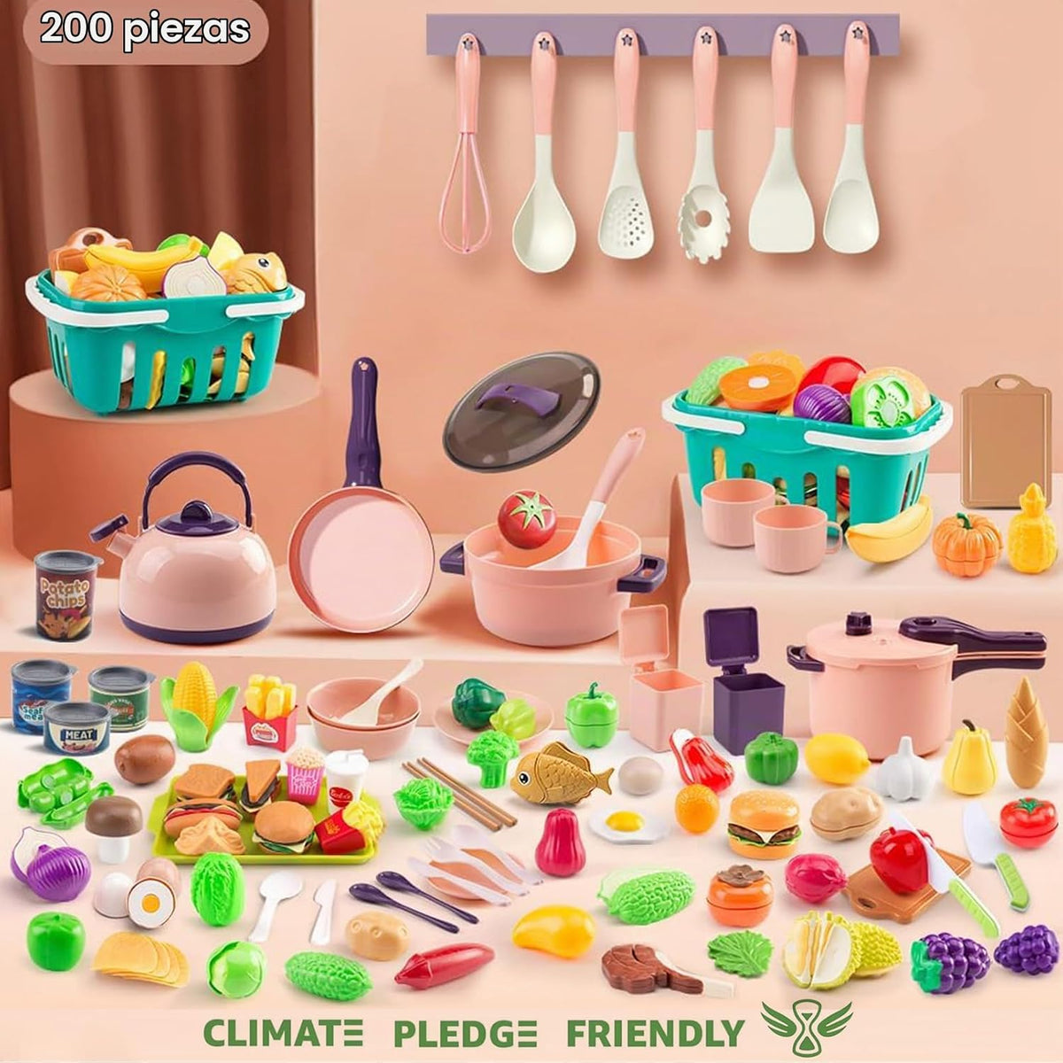 Mini accesorios de cocina de 200 piezas para niños a partir de 3 años, juego de cocina de simulación con utensilios de cocina, vajilla y 2 juegos de frutas, regalo de aprendizaje para niñas y niños, rosa