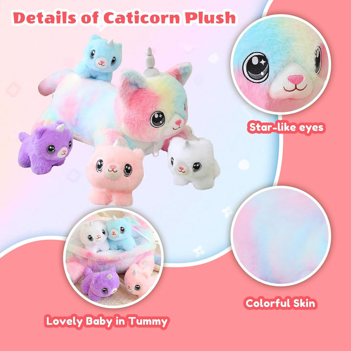 SQEQE Gato Unicornio de Peluche Mamá Gato Unicornio con 4 Lindos Ga...