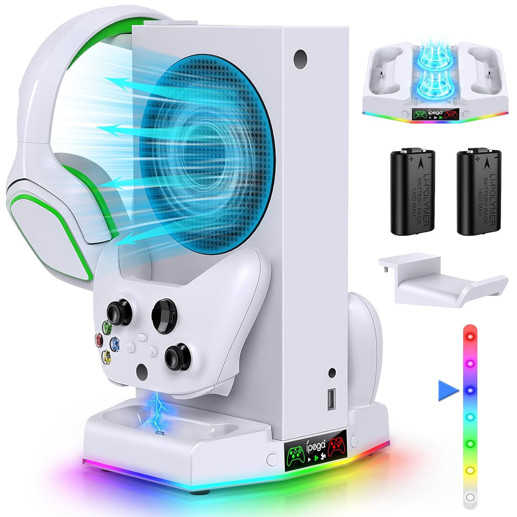 Soporte de refrigeración y estación de carga para Xbox Series S con tira de luz RGB, color blanco