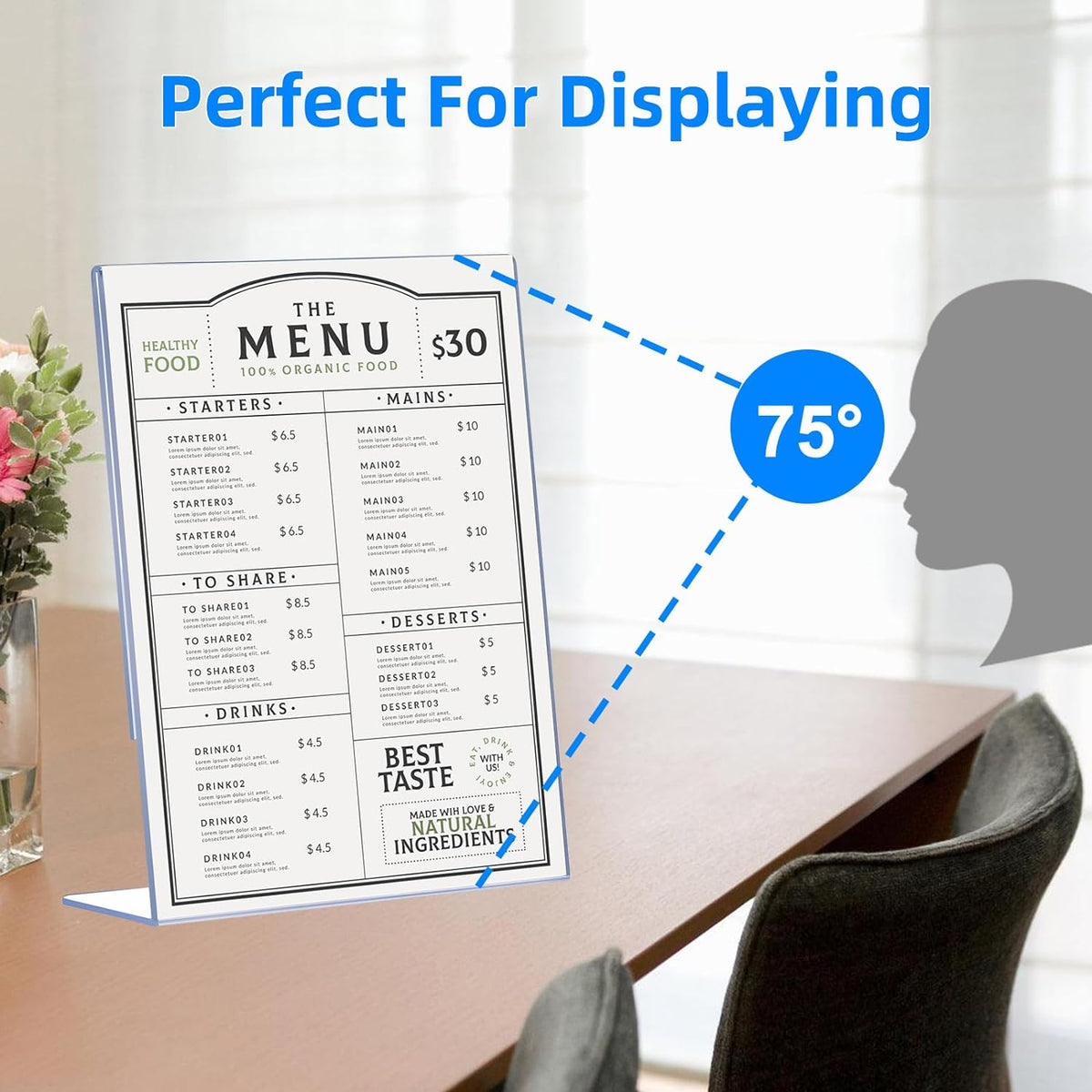 30 Pack Acrylic Sign Holder 8.5 x 11, Clear Plastic Display Stands para Tabletop, L-Shape Acrylic Stands para Flyers, Documents, Office, Restaurants, Vertical Sign Holder 8.5x11 para Desktop