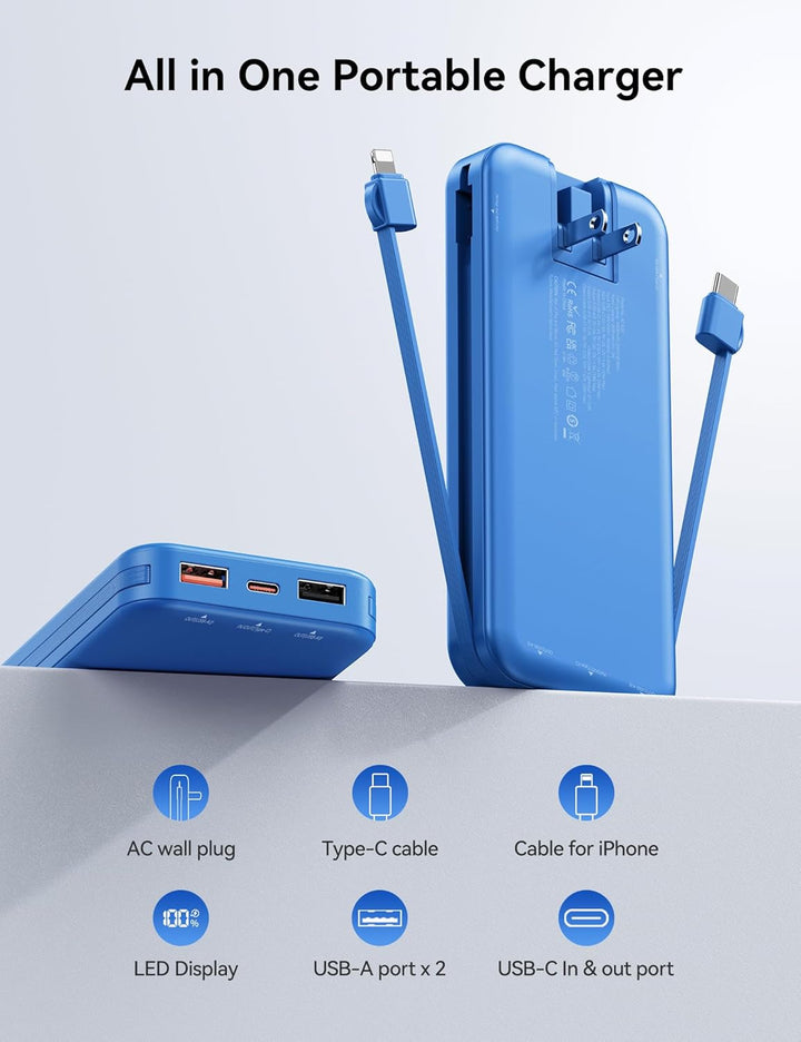 Banco de energía aonidi de 12000mAh ultraportátil con cables incorp...