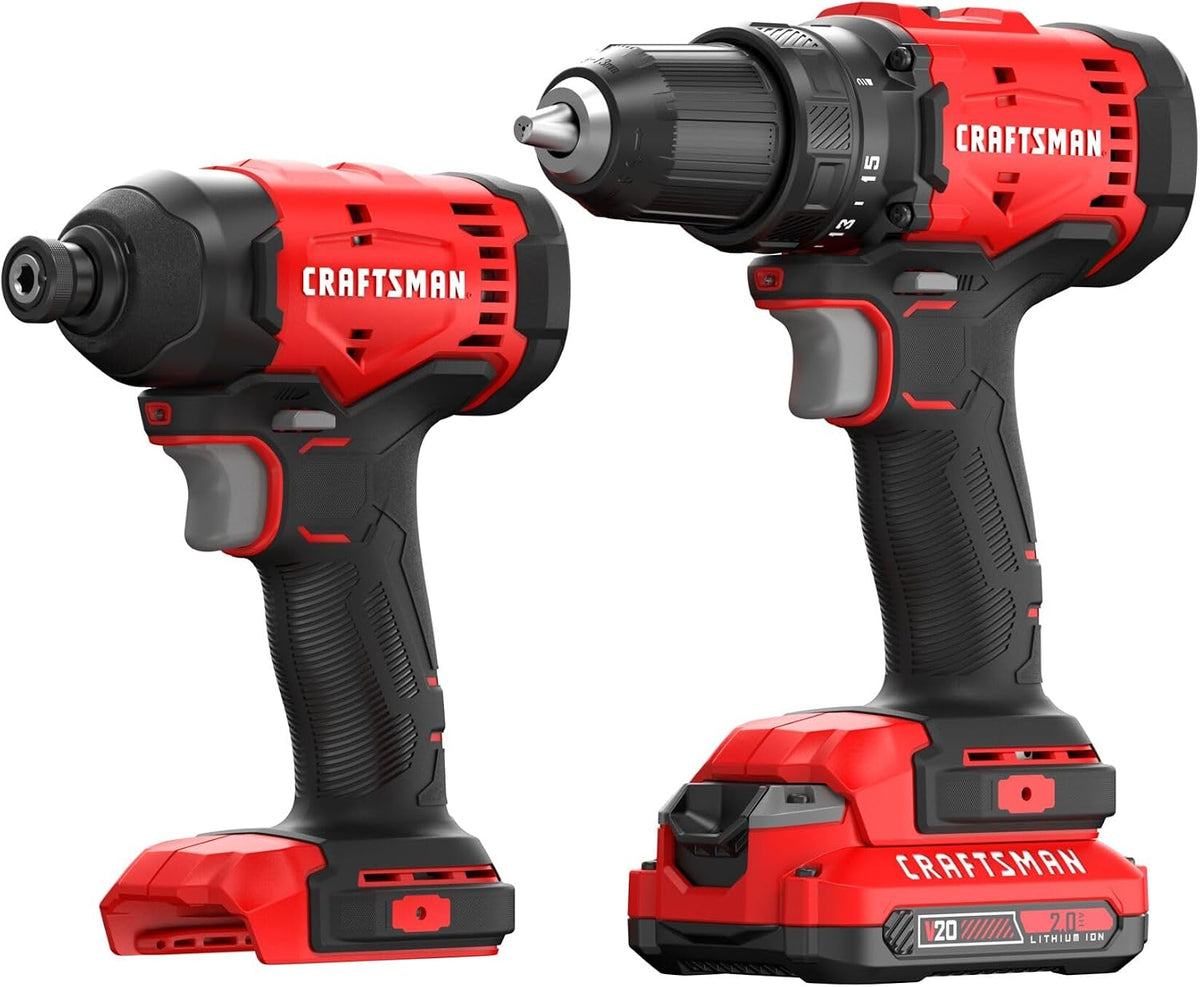 CRAFTSMAN V20 Cordless Drill Set y Impact Driver, Includes 2Ah Battery y Charger, Power Tool Set con 1700 RPM 1/2 en. Power Drill, 1800 Torque 1/4 en. Impact Screwdriver, LED (CMCK201D1)