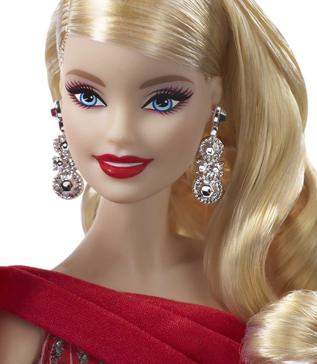 Barbie Muñeca navideña 2019, 11.5 pulgadas, rubia, con vestido rojo y blanco, con soporte para muñeca y certificado de autenticidad