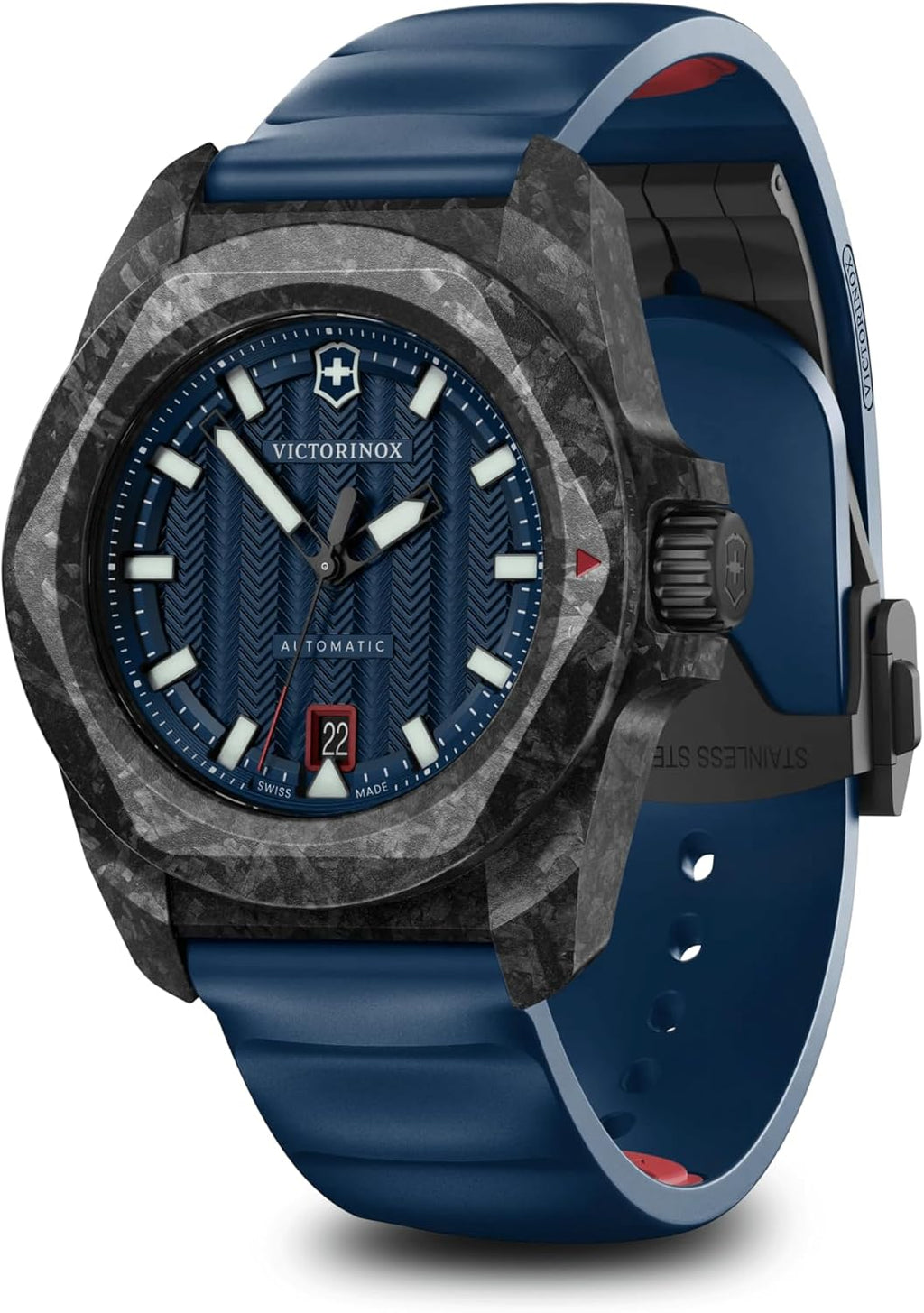 Victorinox I.N.O.X. Juego de reloj automático con correa de goma azul con esfera azul 1.614 in - 242022.1