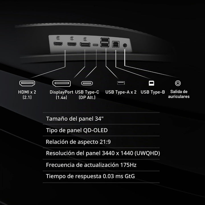 msi MAG 341CQP QD-OLED, 34 Monitor OLED curvado para juegos, 3440 x...